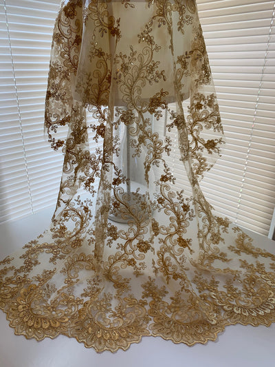 Melody GOLD Polyester Floral Embroidery with Sequins on Mesh Lace Fabric by the Yard for Gown, Wedding, Bridesmaid, Prom - 10002