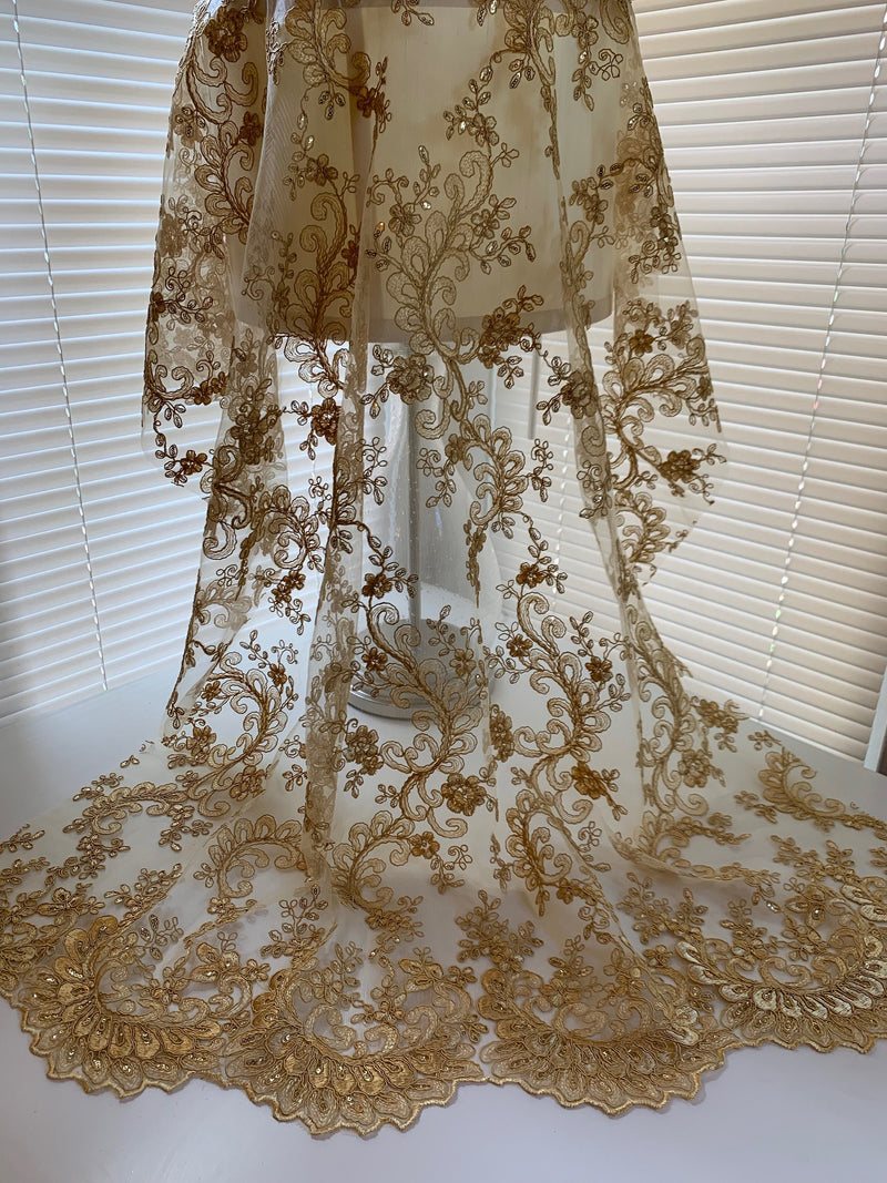 Melody GOLD Polyester Floral Embroidery with Sequins on Mesh Lace Fabric by the Yard for Gown, Wedding, Bridesmaid, Prom - 10002
