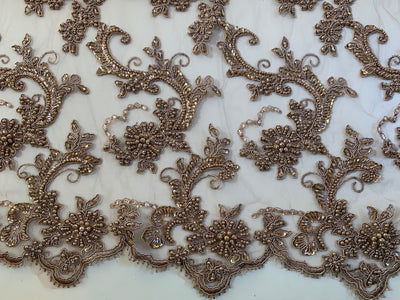 Jayla TAUPE Floral Embroidery with Beads and Sequins on Mesh Lace Fabric by the Yard - 10044