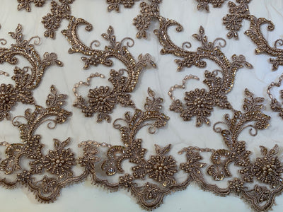 Jayla TAUPE Floral Embroidery with Beads and Sequins on Mesh Lace Fabric by the Yard - 10044