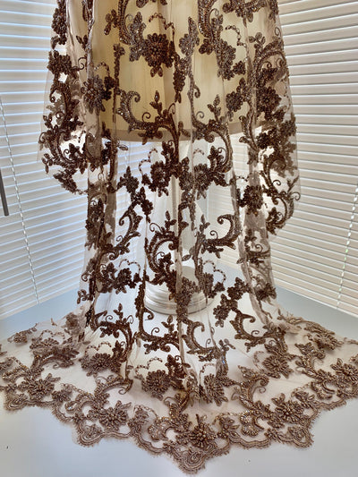 Jayla TAUPE Floral Embroidery with Beads and Sequins on Mesh Lace Fabric by the Yard - 10044