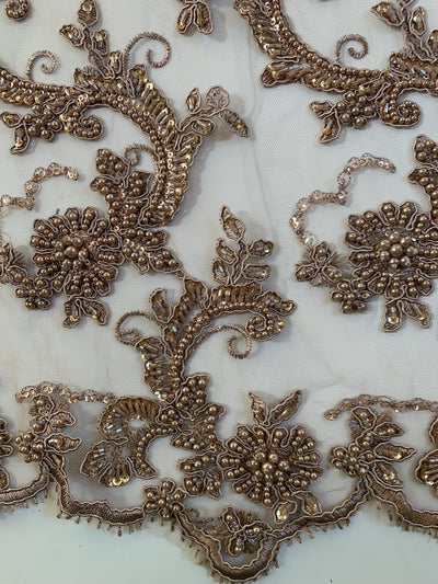 Jayla TAUPE Floral Embroidery with Beads and Sequins on Mesh Lace Fabric by the Yard - 10044