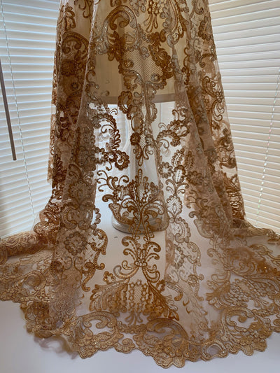 Vivian DARK GOLD Polyester Embroidery with Sequins on Mesh Lace Fabric by the Yard for Gown, Wedding, Bridesmaid, Prom - 10003