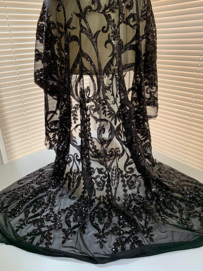 Esmeralda BLACK Sequins on Mesh Lace Fabric by the Yard - 10102