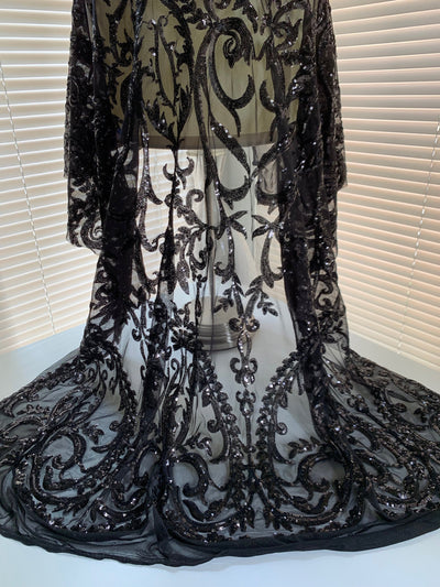 Esmeralda BLACK Sequins on Mesh Lace Fabric by the Yard - 10102