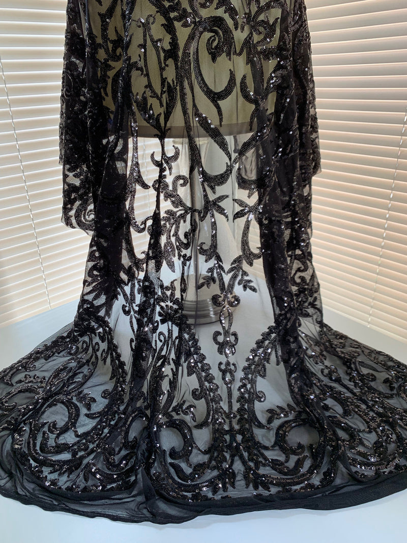 Esmeralda BLACK Sequins on Mesh Lace Fabric by the Yard - 10102