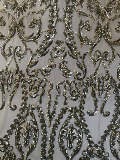 Esmeralda SILVER Sequins on WHITE Mesh Lace Fabric by the Yard - 10102