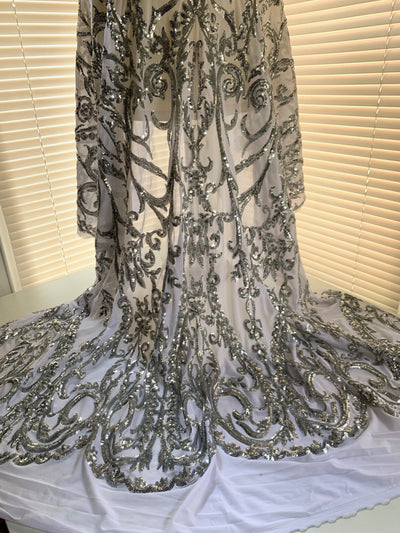 Esmeralda SILVER Sequins on WHITE Mesh Lace Fabric by the Yard - 10102