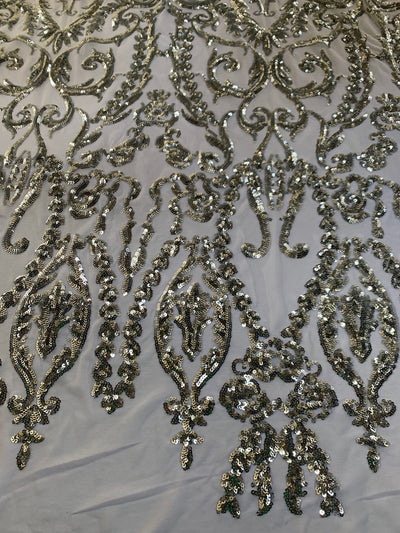 Esmeralda SILVER Sequins on WHITE Mesh Lace Fabric by the Yard - 10102