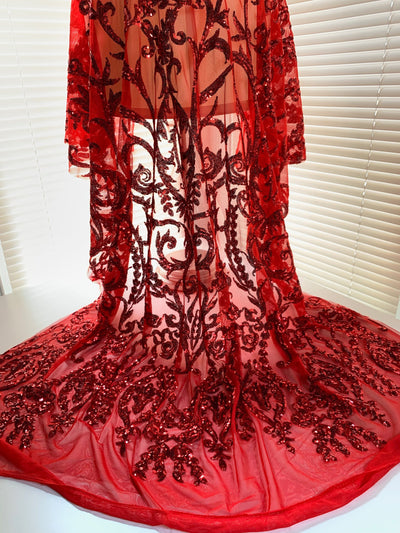Esmeralda RED Sequins on Mesh Lace Fabric by the Yard - 10102