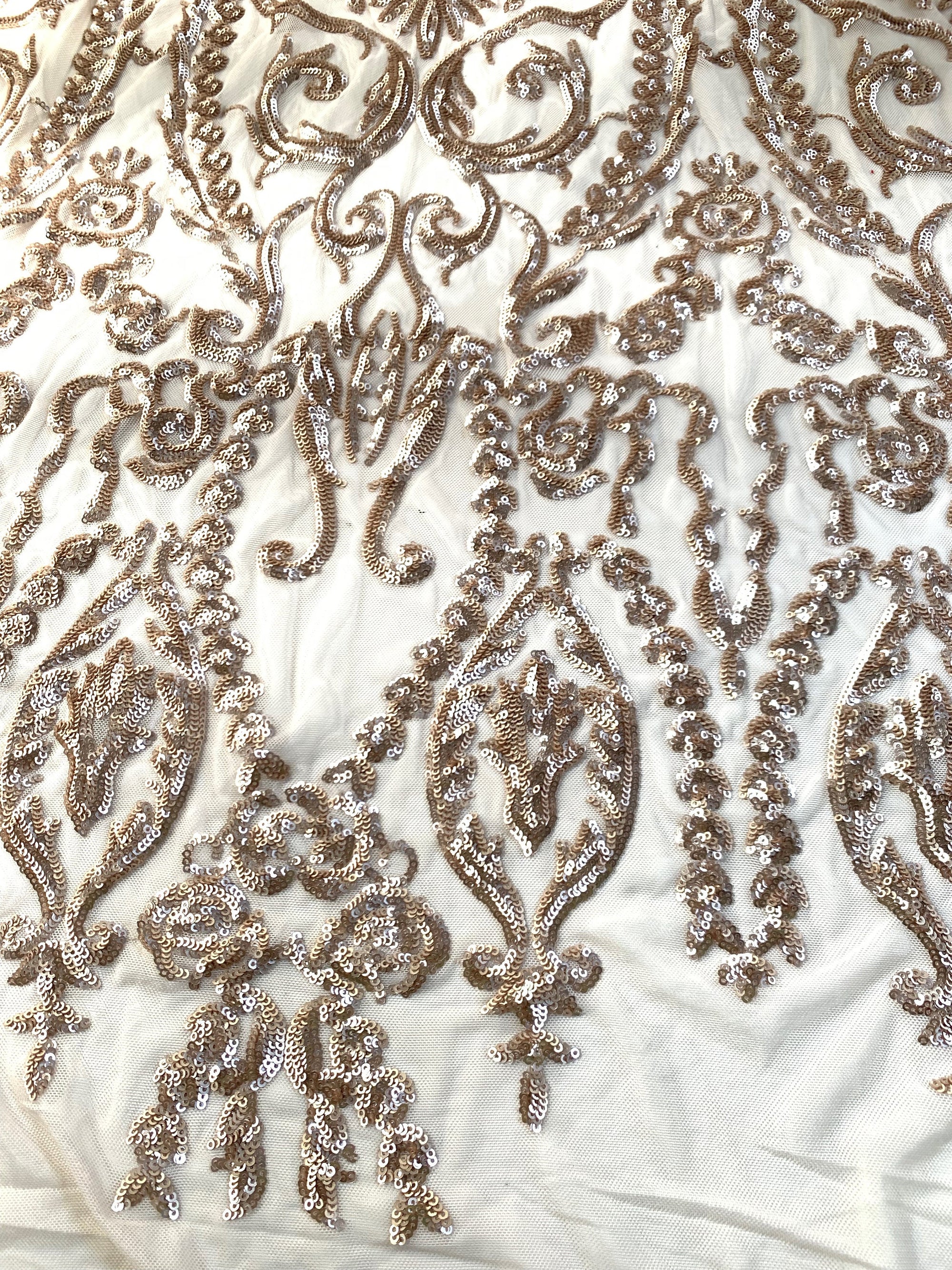 Esmeralda CHAMPAGNE Sequins on Mesh Lace Fabric by the Yard - 10102