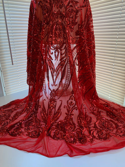 Alaina RED Curlicue Sequins on Mesh Lace Fabric by the Yard - 10018