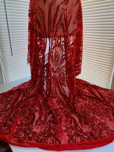 Alaina RED Curlicue Sequins on Mesh Lace Fabric by the Yard - 10018