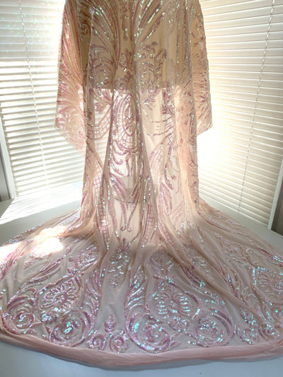 Alaina BLUSH PINK IRIDESCENT Curlicue Sequins on Mesh Lace Fabric by the Yard - 10018