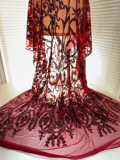 Esmeralda BURGUNDY Sequins on Mesh Lace Fabric by the Yard - 10102