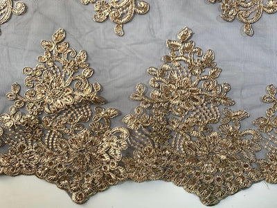 Brianna GOLD Polyester Floral Embroidery with Sequins on BLACK Mesh Lace Fabric by the Yard - 10020