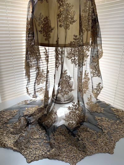 Brianna GOLD Polyester Floral Embroidery with Sequins on BLACK Mesh Lace Fabric by the Yard - 10020