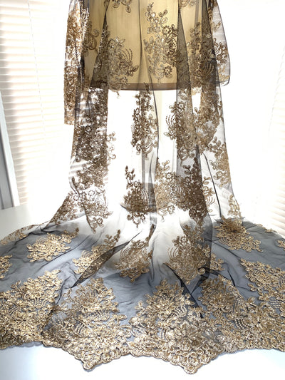 Brianna GOLD Polyester Floral Embroidery with Sequins on BLACK Mesh Lace Fabric by the Yard - 10020