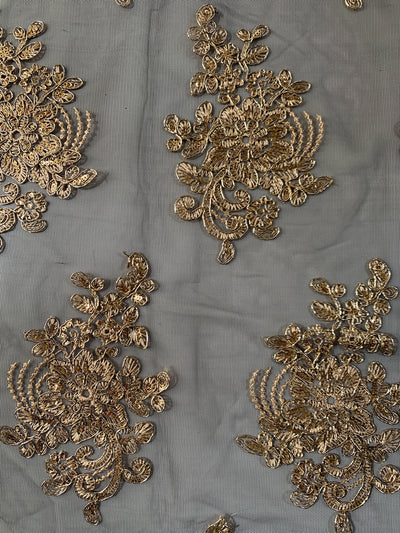 Brianna GOLD Polyester Floral Embroidery with Sequins on BLACK Mesh Lace Fabric by the Yard - 10020