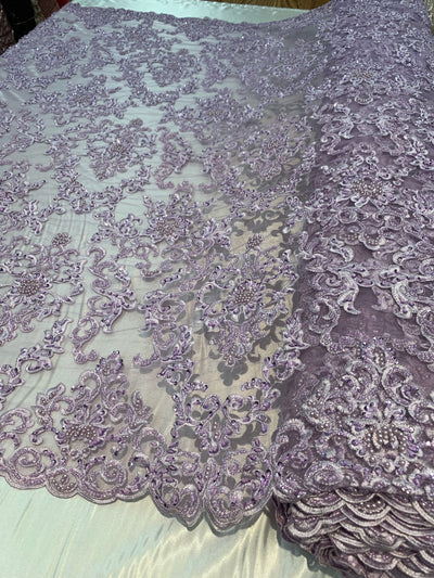 Helena-B LILAC Embroidered Damask Pattern with Faux Pearls and Beads on Mesh Lace Fabric by the Yard - 10225
