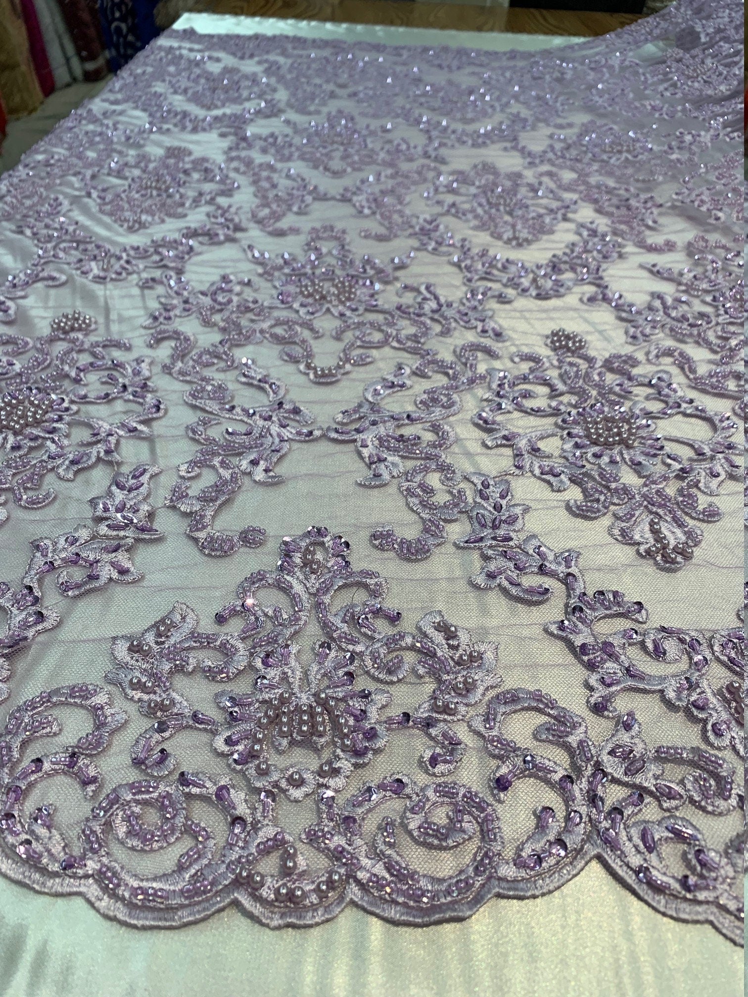 Helena-B LILAC Embroidered Damask Pattern with Faux Pearls and Beads on Mesh Lace Fabric by the Yard - 10225