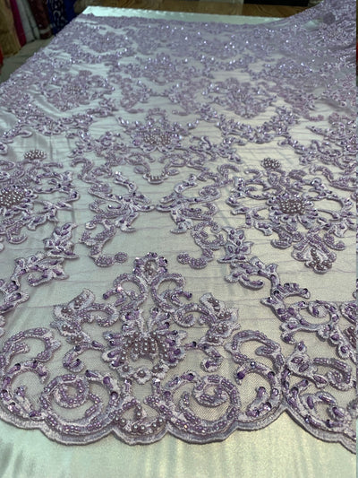 Helena-B LILAC Embroidered Damask Pattern with Faux Pearls and Beads on Mesh Lace Fabric by the Yard - 10225