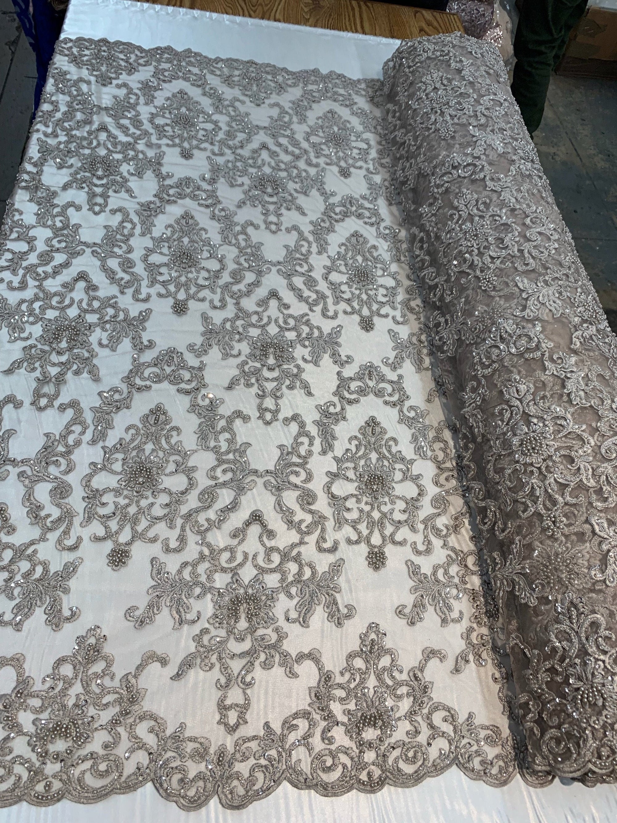Helena TAUPE Embroidered Damask Pattern with Faux Pearls and Beads on Mesh Lace Fabric by the Yard - 10139