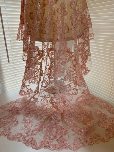 Vivian BLUSH PINK Polyester Embroidery with Sequins on Mesh Lace Fabric by the Yard for Gown, Wedding, Bridesmaid, Prom - 10003
