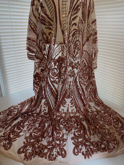 Alaina COPPER Curlicue Sequins on Mesh Lace Fabric by the Yard - 10018