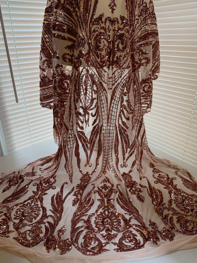Alaina COPPER Curlicue Sequins on Mesh Lace Fabric by the Yard - 10018