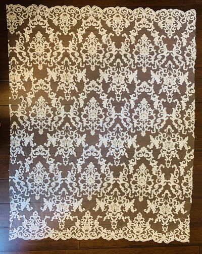 Helena-B IVORY Embroidered Damask Pattern with Faux Pearls and Beads on Mesh Lace Fabric by the Yard - 10225
