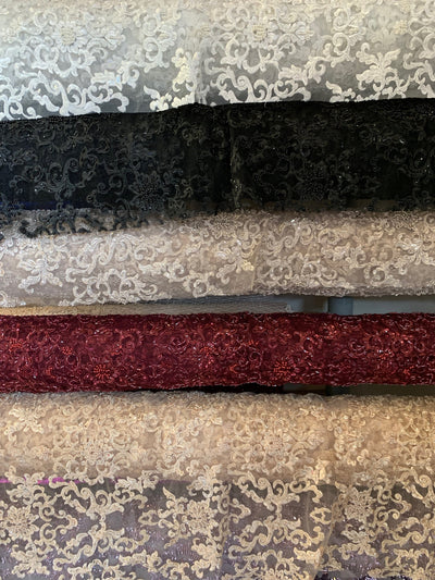 Helena-B IVORY Embroidered Damask Pattern with Faux Pearls and Beads on Mesh Lace Fabric by the Yard - 10225