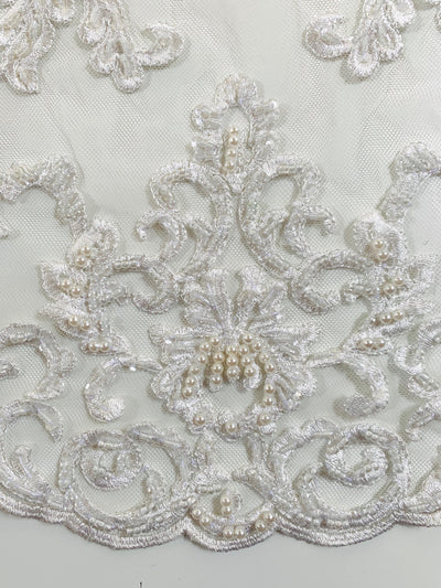 Helena-B IVORY Embroidered Damask Pattern with Faux Pearls and Beads on Mesh Lace Fabric by the Yard - 10225