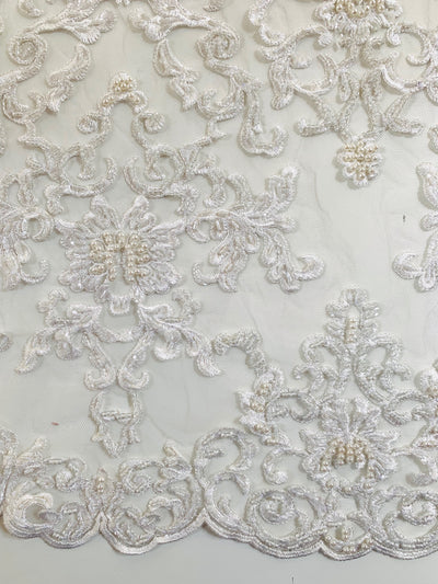 Helena-B IVORY Embroidered Damask Pattern with Faux Pearls and Beads on Mesh Lace Fabric by the Yard - 10225