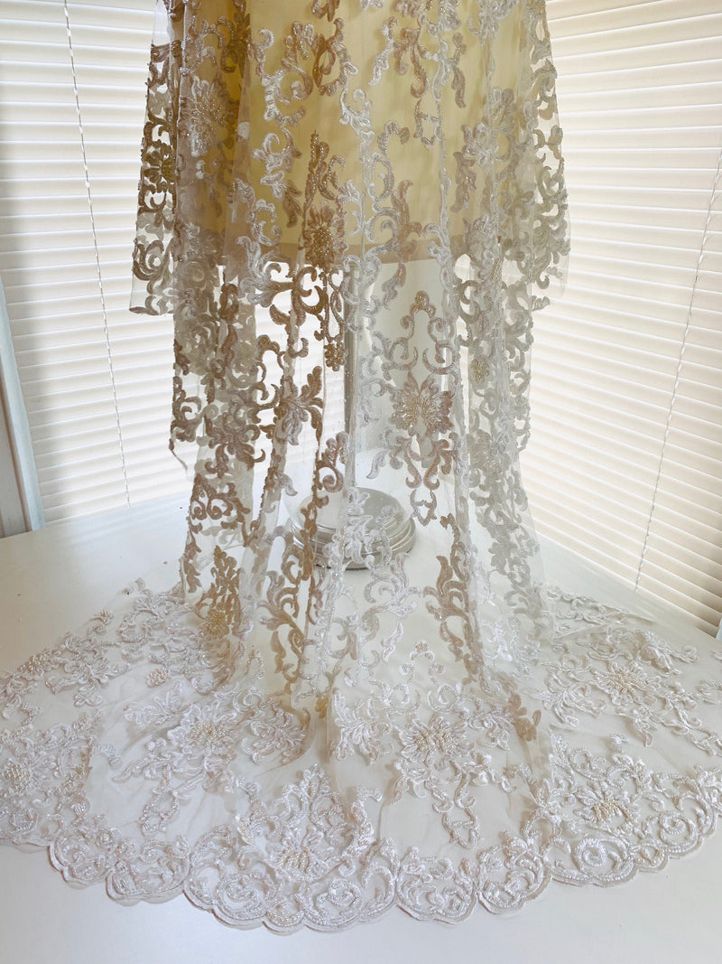 Helena-B IVORY Embroidered Damask Pattern with Faux Pearls and Beads on Mesh Lace Fabric by the Yard - 10225