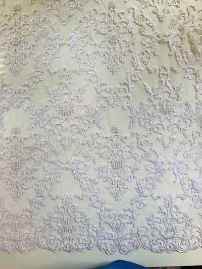 Helena-B WHITE Embroidered Damask Pattern with Faux Pearls and Beads on Mesh Lace Fabric by the Yard - 10225