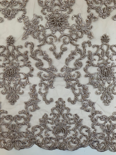 Helena TAUPE Embroidered Damask Pattern with Faux Pearls and Beads on Mesh Lace Fabric by the Yard - 10139