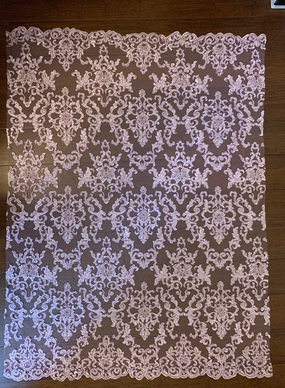 Helena-B LILAC Embroidered Damask Pattern with Faux Pearls and Beads on Mesh Lace Fabric by the Yard - 10225