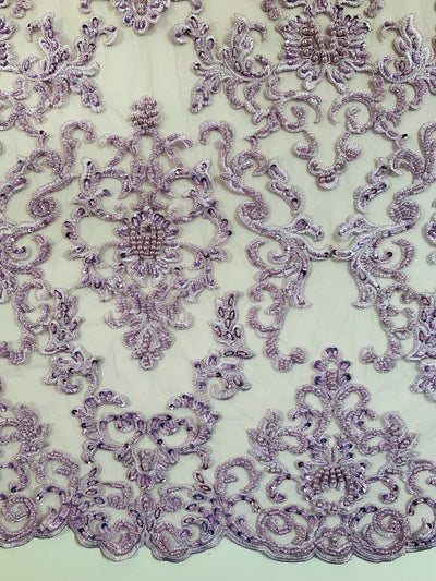 Helena-B LILAC Embroidered Damask Pattern with Faux Pearls and Beads on Mesh Lace Fabric by the Yard - 10225