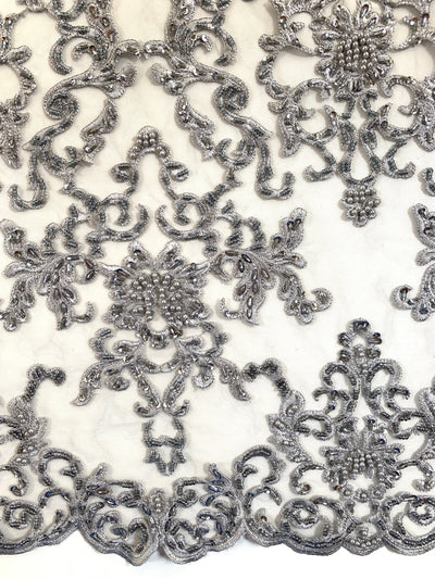 Helena GREY Embroidered Damask Pattern with Faux Pearls and Beads on Mesh Lace Fabric by the Yard - 10139