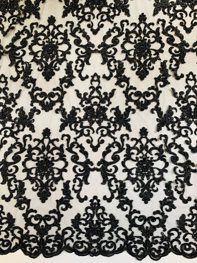 Helena-B BLACK Embroidered Damask Pattern with Faux Pearls and Beads on Mesh Lace Fabric by the Yard - 10225