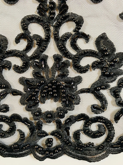 Helena-B BLACK Embroidered Damask Pattern with Faux Pearls and Beads on Mesh Lace Fabric by the Yard - 10225