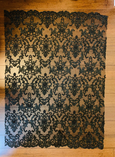 Helena-B BLACK Embroidered Damask Pattern with Faux Pearls and Beads on Mesh Lace Fabric by the Yard - 10225