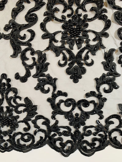 Helena-B BLACK Embroidered Damask Pattern with Faux Pearls and Beads on Mesh Lace Fabric by the Yard - 10225