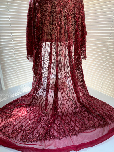 Averie BURGUNDY Geometric Butterfly Sequins on Mesh Lace Fabric by the Yard - 10113