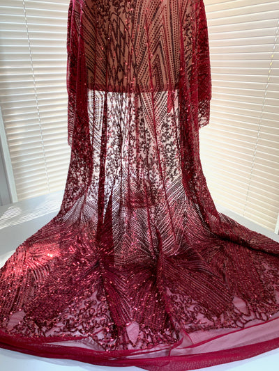 Averie BURGUNDY Geometric Butterfly Sequins on Mesh Lace Fabric by the Yard - 10113