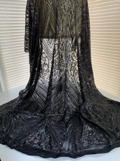 Averie BLACK Geometric Butterfly Sequins on Mesh Lace Fabric by the Yard - 10113
