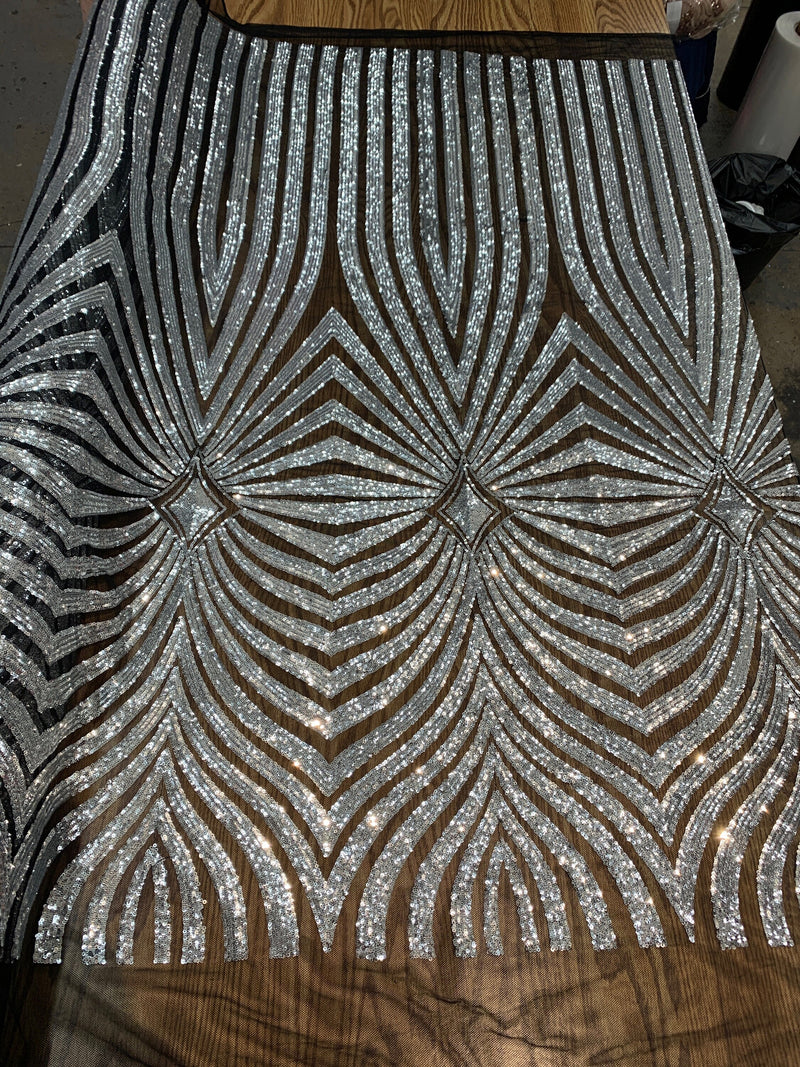 Maia SILVER Geometric Sequins on BLACK Mesh Lace Fabric by the Yard - 10138