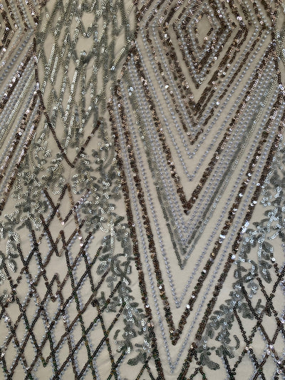 Averie GREY Geometric Butterfly Sequins on Mesh Lace Fabric by the Yard - 10113