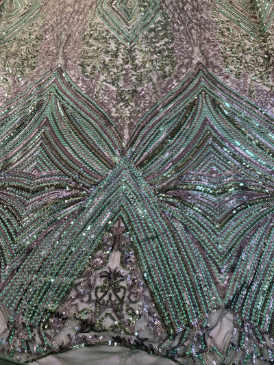 Averie HUNTER GREEN Geometric Butterfly Sequins on Mesh Lace Fabric by the Yard - 10113